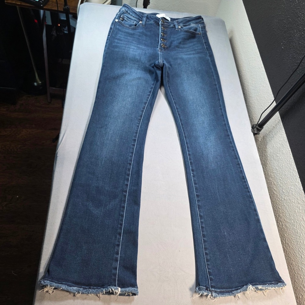 KanCan High Rise Flare Jeans Dark Wash Button Fly Raw Hem KC7138D Size 9 (28) - Picture 2 of 13